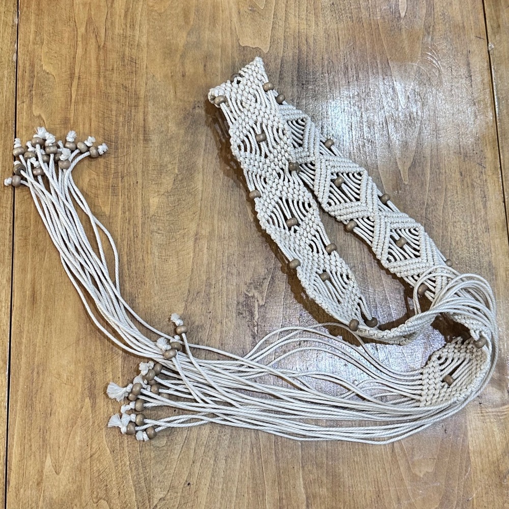 Boho Western Fringe Macrame Wood Bead Tie Belt Women OS Cream